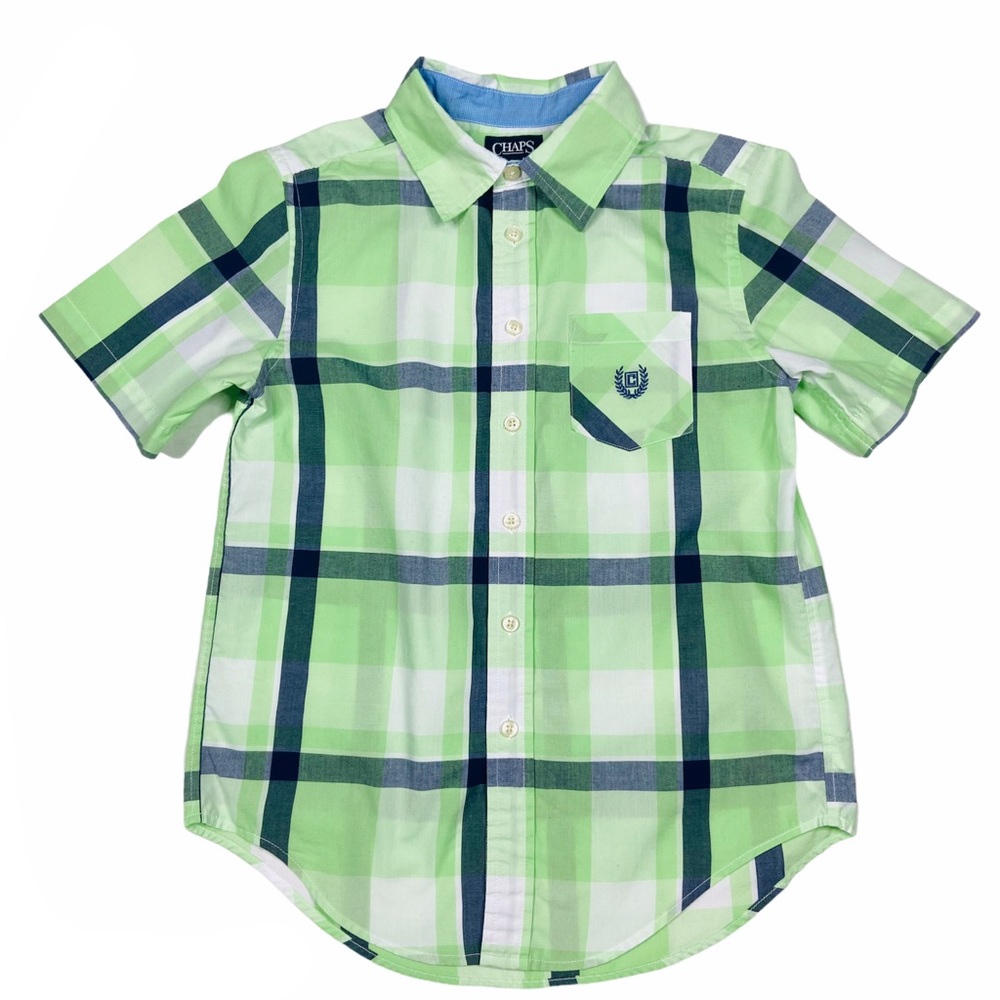 Chaps Boys Plaid Button Down Short Sleeve Shirt Green
